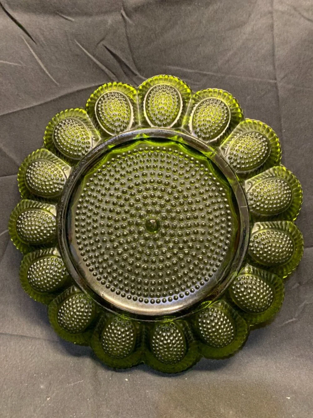 VTG Indiana Glass Olive Green Hobnail Deviled Egg Plate Hobnail Texture Patter